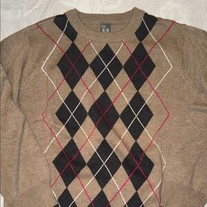 Zara Brown Argyle Crewneck Sweater with Black & Red Accents